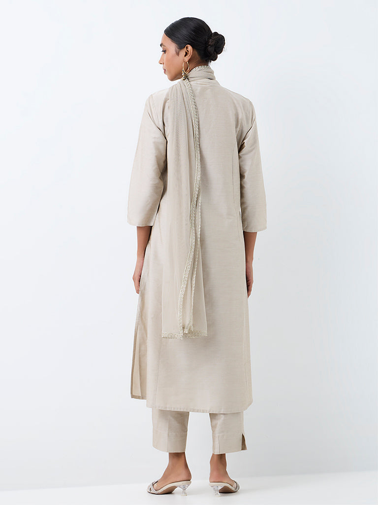 Vark Grey Floral Embroidered A-Line Ethnic Set