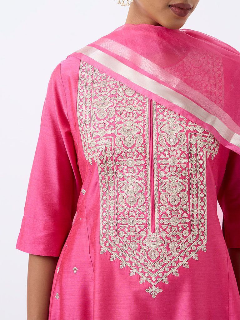 Vark Pink Zari-Embroidered A-Line Ethnic Set