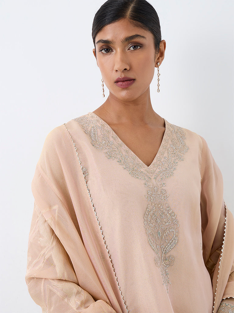 Vark Peach Floral Embroidered A-Line Ethnic Set