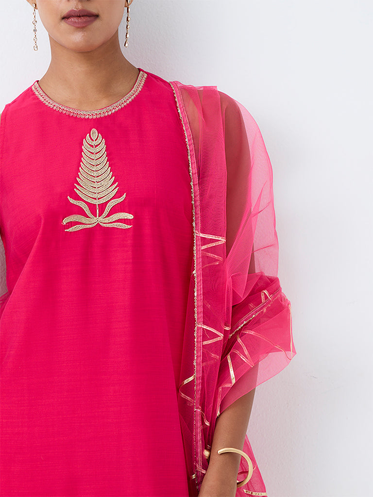 Vark Fuchsia Botanical Embroidered A-Line Ethnic Set