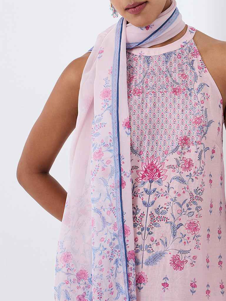 Vark Pink Floral Printed A-Line Ethnic Set