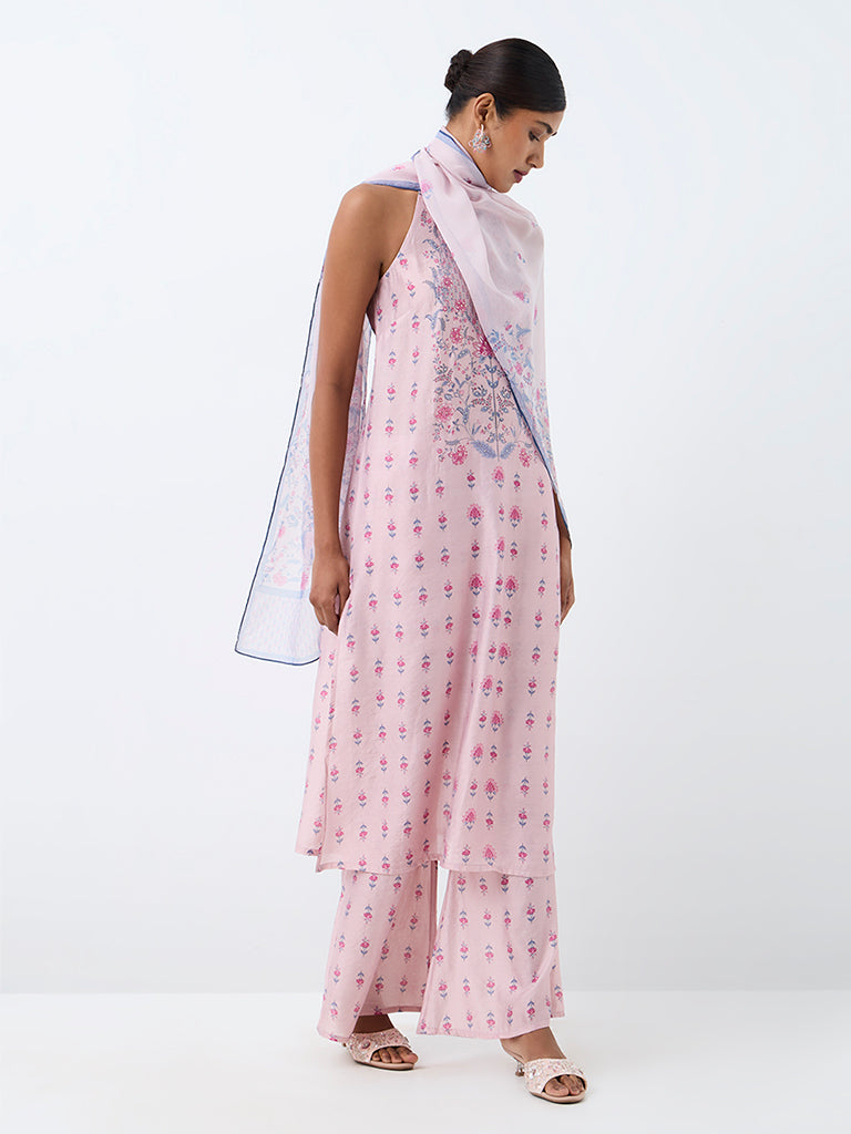 Vark Pink Floral Printed A-Line Ethnic Set