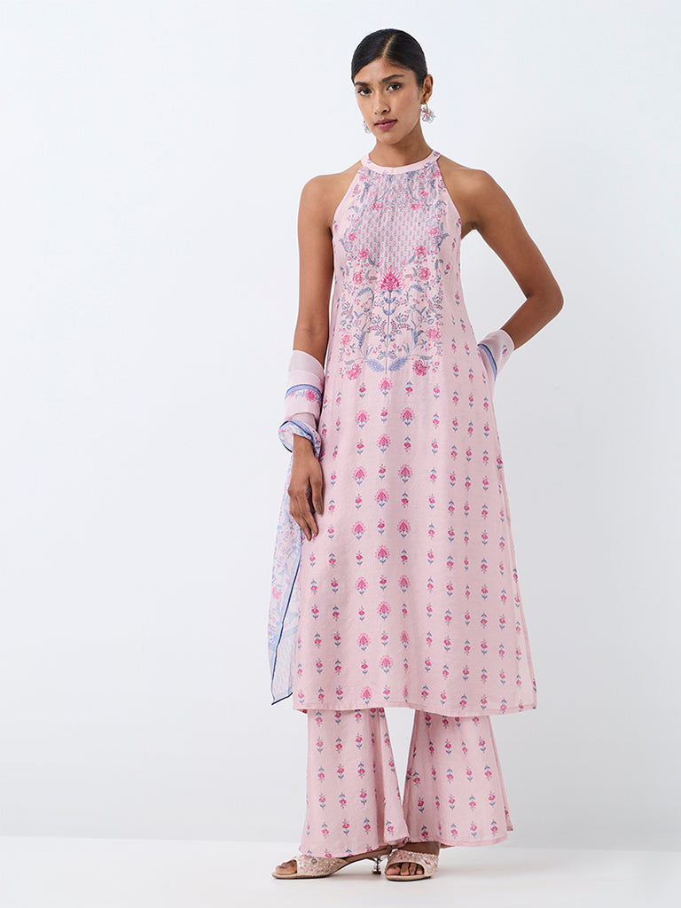 Vark Pink Floral Printed A-Line Ethnic Set