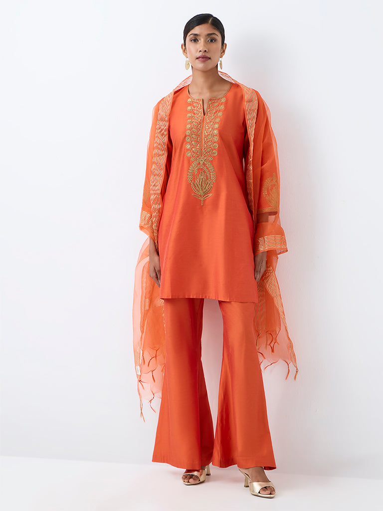 Vark Orange Floral Embroidered Straight Ethnic Set