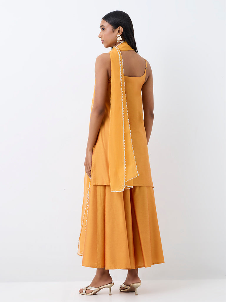 Vark Orange Floral Embroidered A-Line Ethnic Set