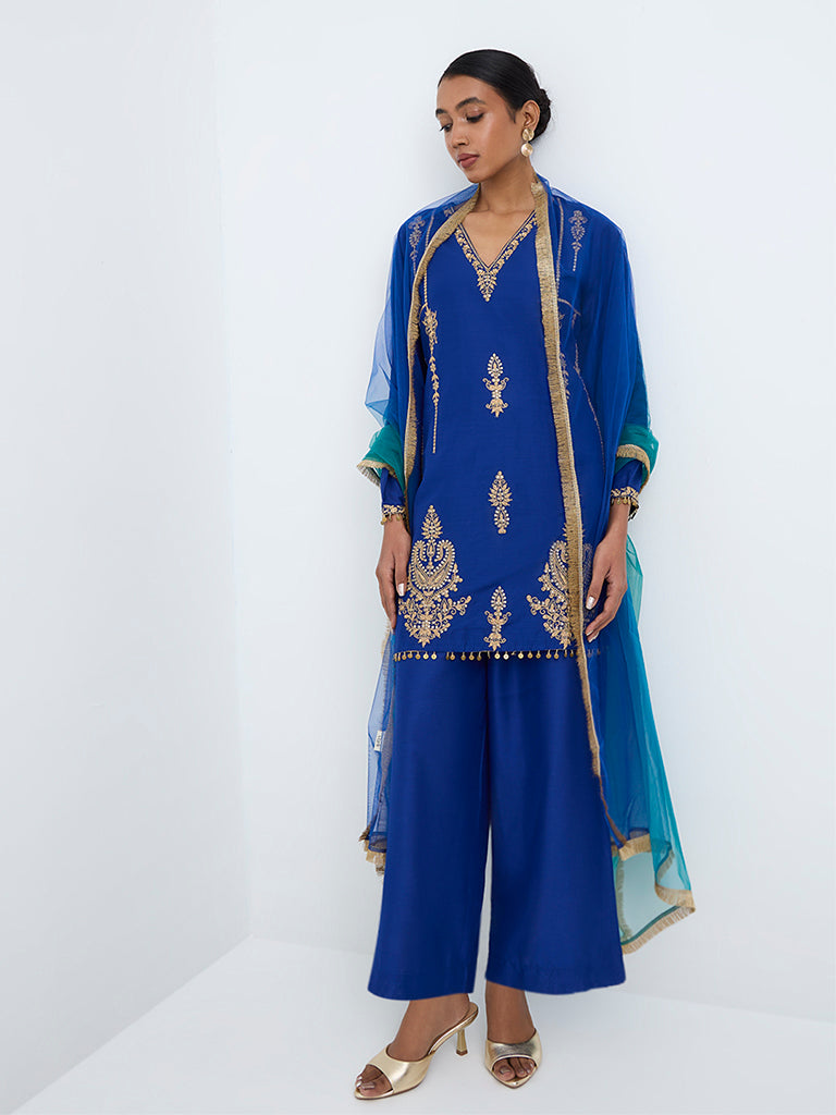 Vark Dark Blue Floral Embroidered Ethnic Set