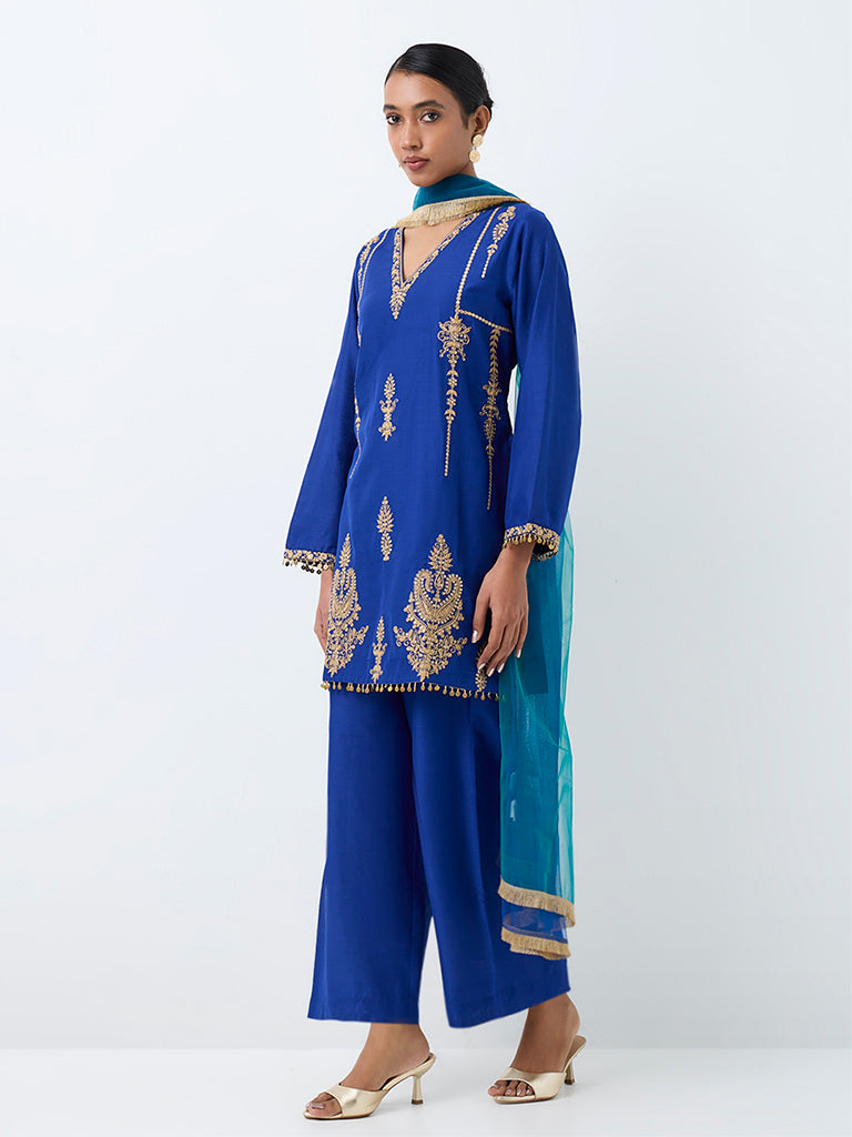 Vark Dark Blue Floral Embroidered Ethnic Set
