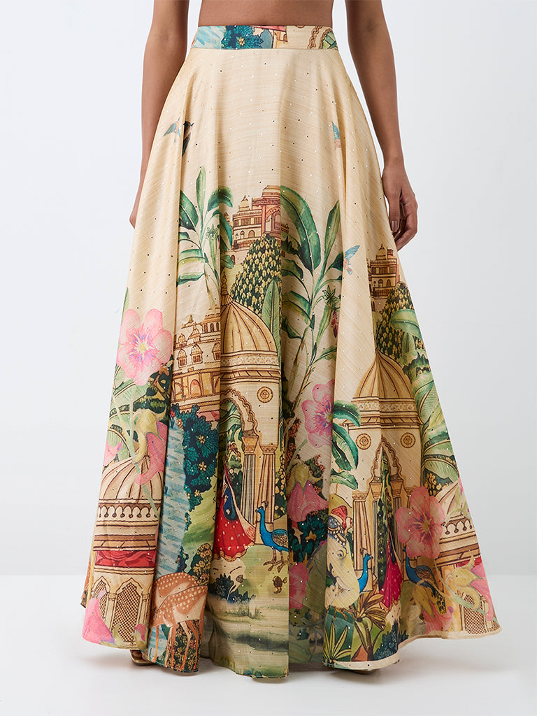 Vark Multicolour Heritage Printed Flared Maxi Skirt