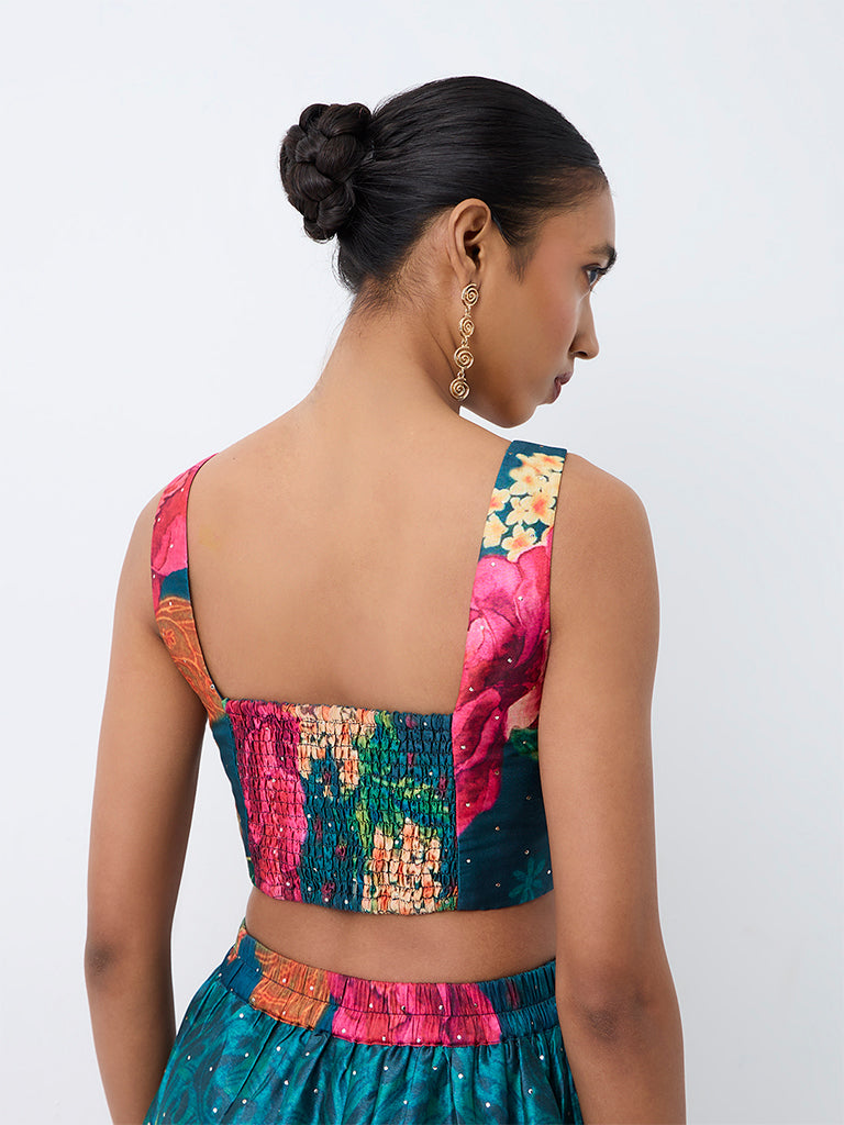 Vark Dark Teal Floral Printed Crop Top