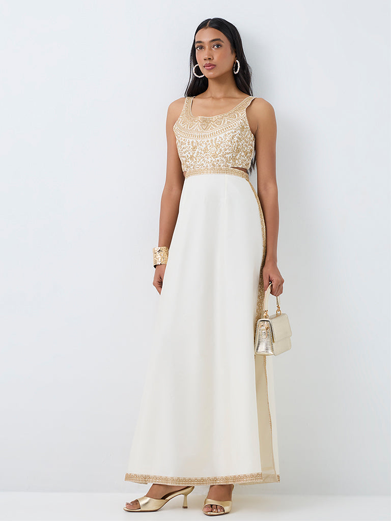 Vark Off-White Floral Embroidered Cut-Out Maxi Dress