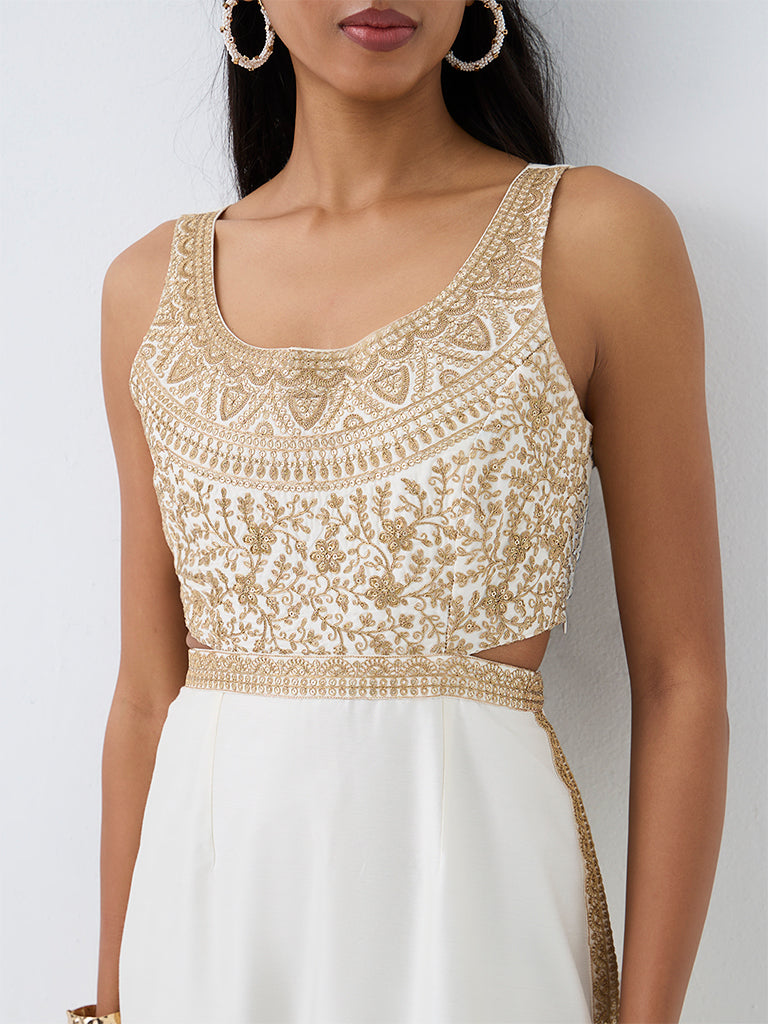 Vark Off-White Floral Embroidered Cut-Out Maxi Dress