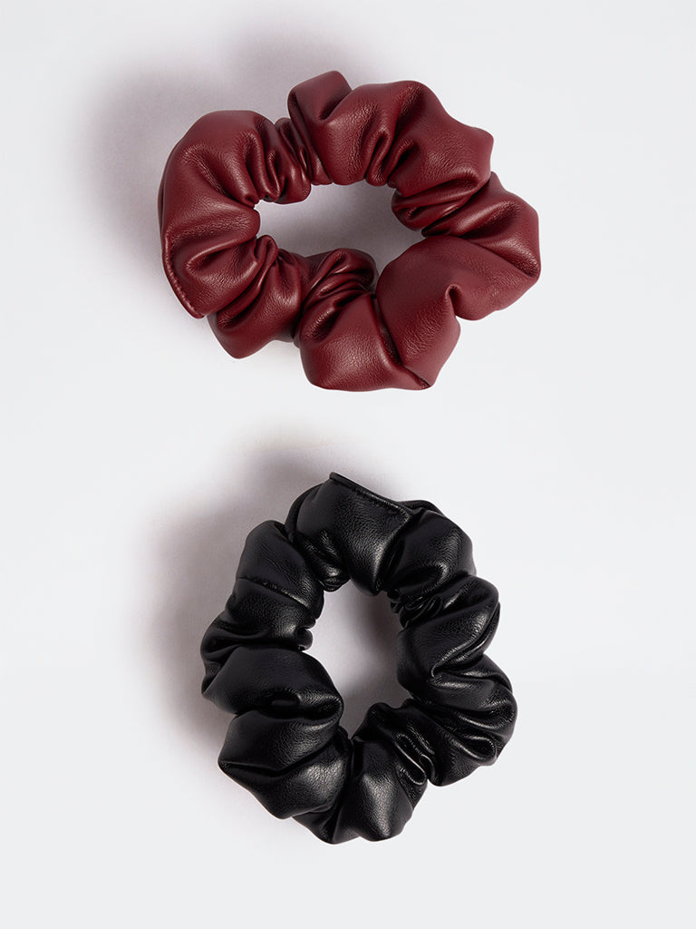 Westside Accessories Black and Burgundy Faux Leather Scrunchies - Pack of 2