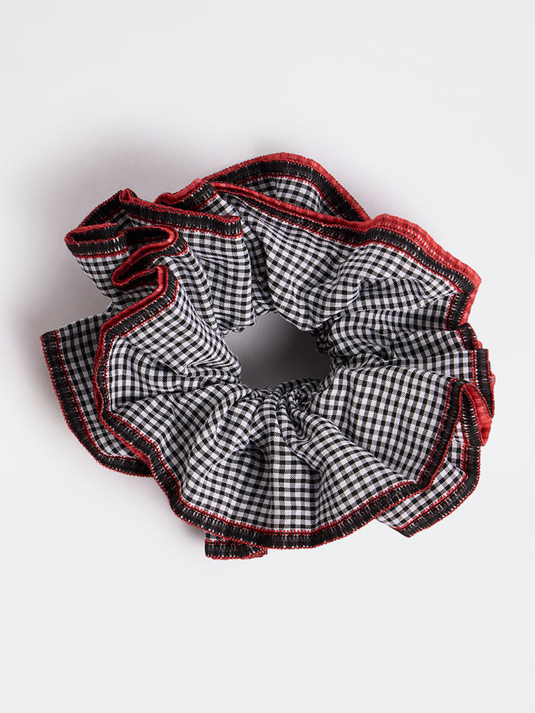 Westside Accessories White and Black Checkered Frill Scrunchie