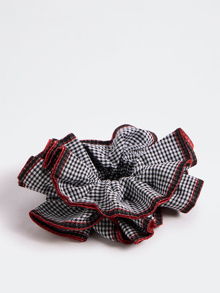 Westside Accessories White and Black Checkered Frill Scrunchie