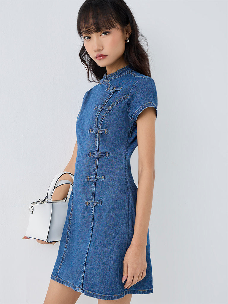 Nuon Blue Straight Denim Dress with Frong Fastening