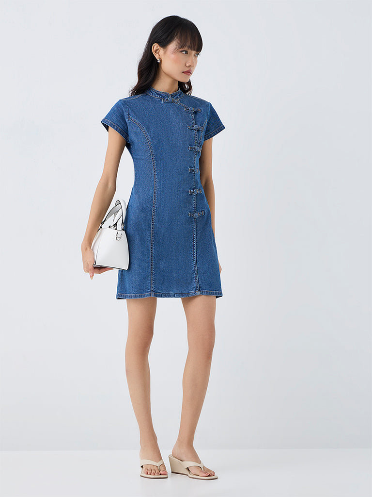 Nuon Blue Straight Denim Dress with Frong Fastening