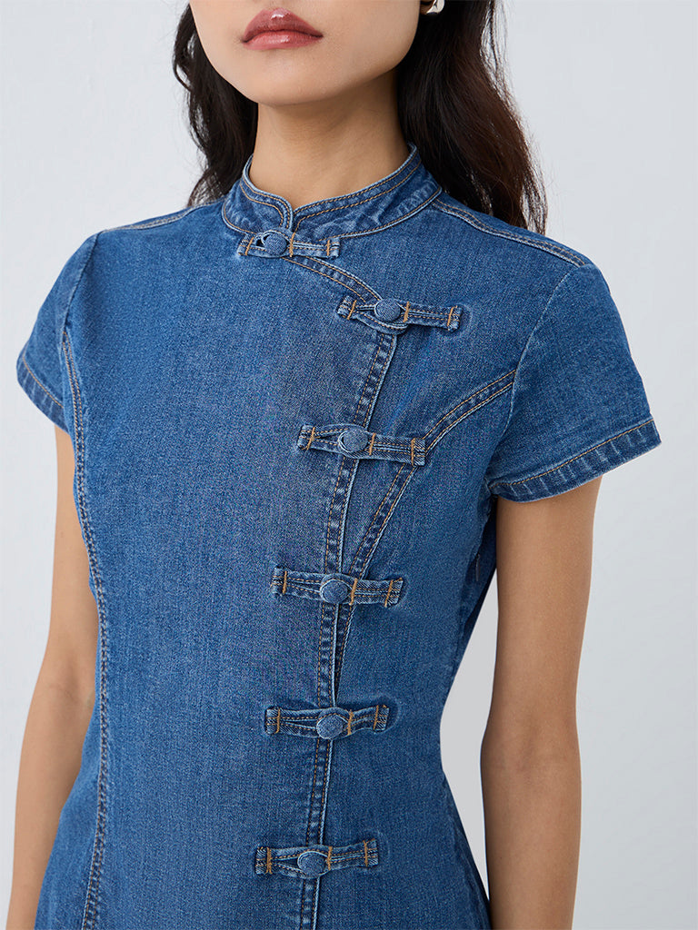 Nuon Blue Straight Denim Dress with Frong Fastening