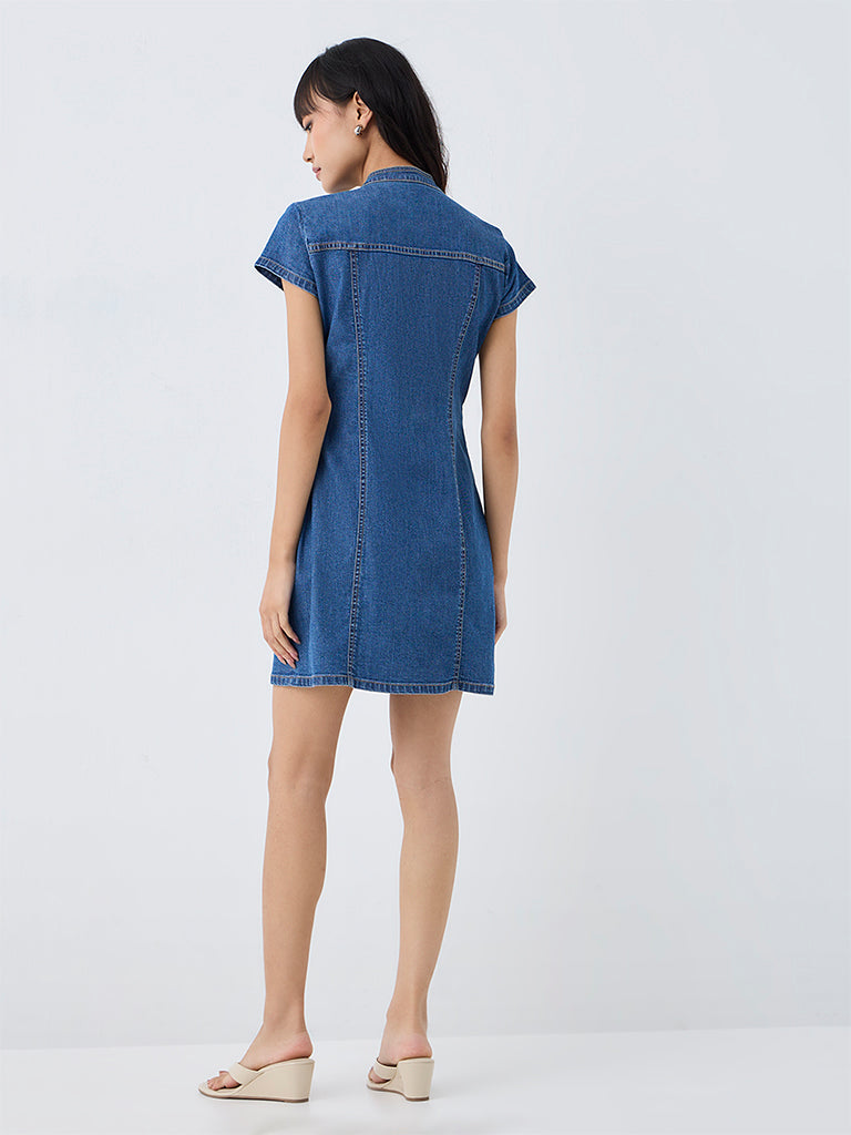 Nuon Blue Straight Denim Dress with Frong Fastening