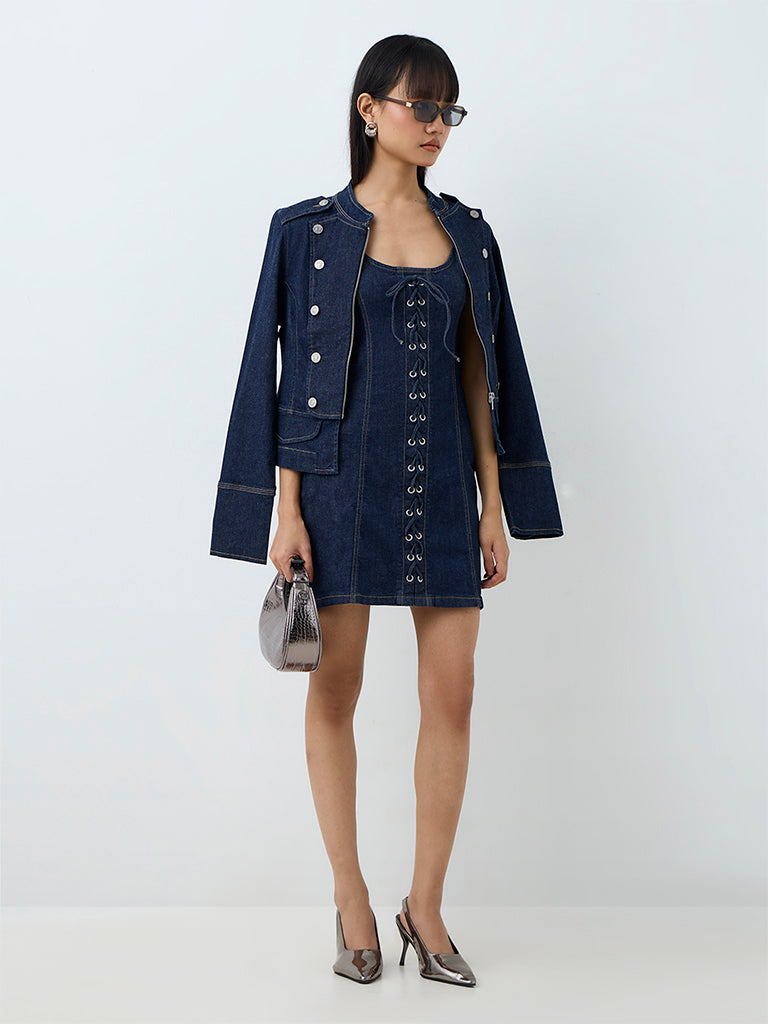 Nuon Dark Blue Criss-Cross Detail A-Line Denim Dress