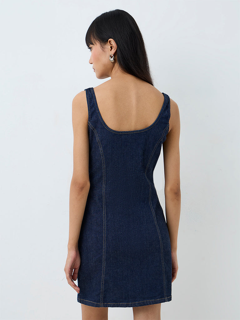 Nuon Dark Blue Criss-Cross Detail A-Line Denim Dress