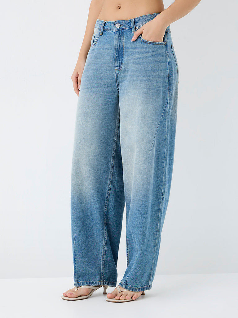 Nuon Blue Metal Eyelet-Detail High-Rise Jeans