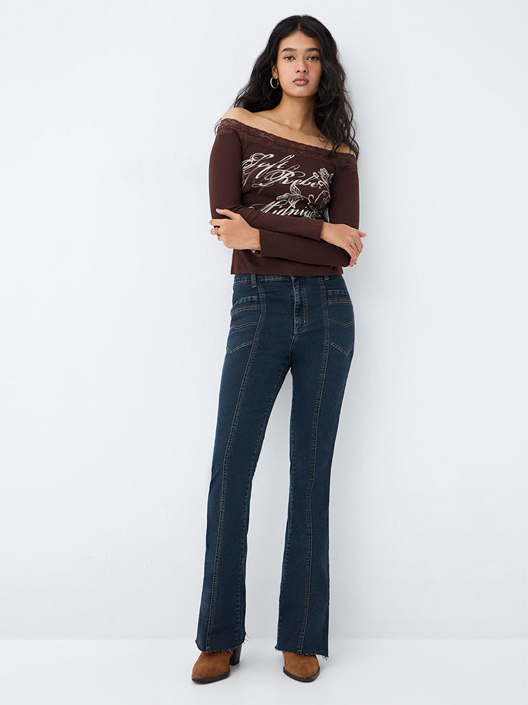 Nuon Dark Blue Solid High-Rise Flared Jeans