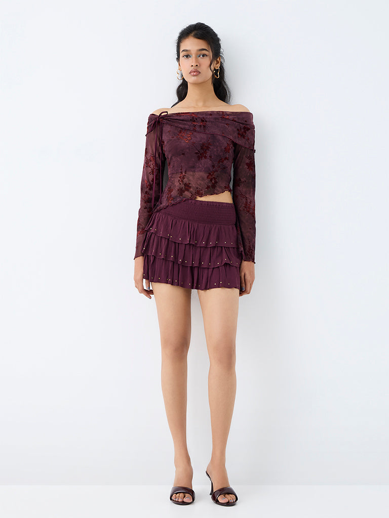 Nuon Dark Plum Stud-Detail High-Rise Tiered Skirt