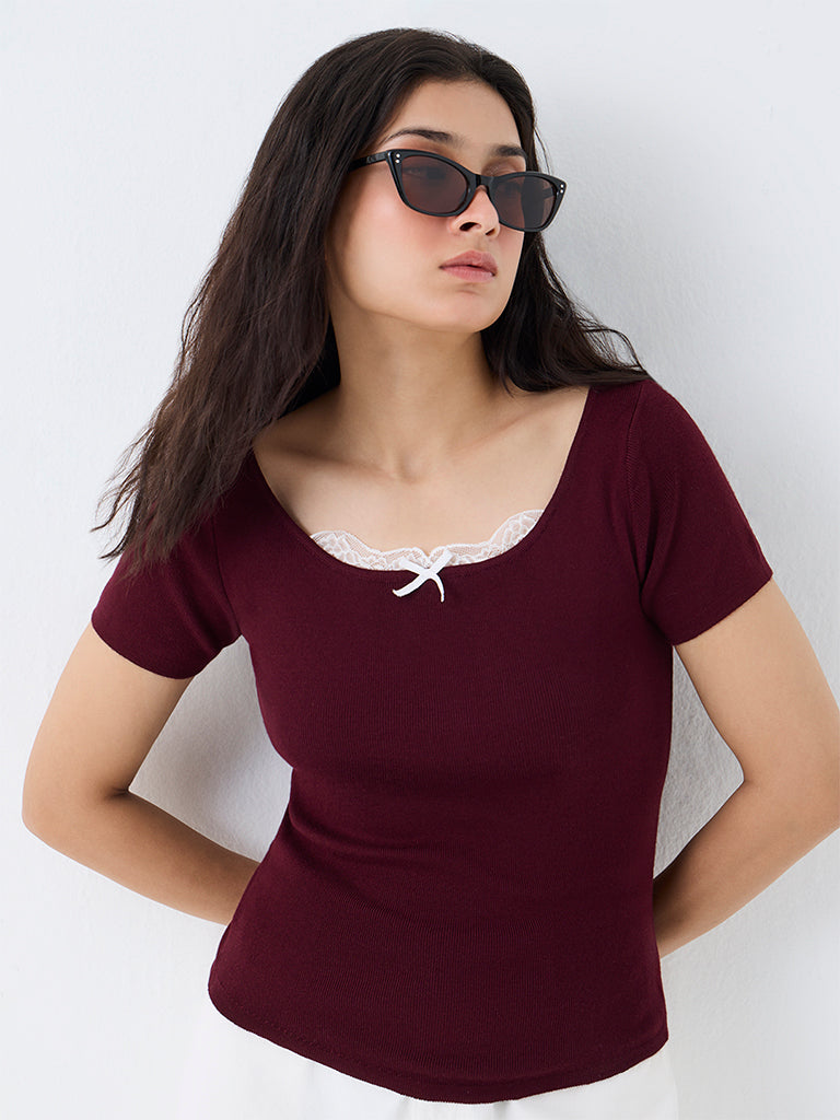 Nuon Burgundy Lace-Detail Ribbed Top