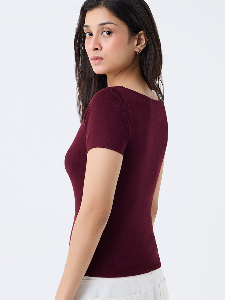 Nuon Burgundy Lace-Detail Ribbed Top