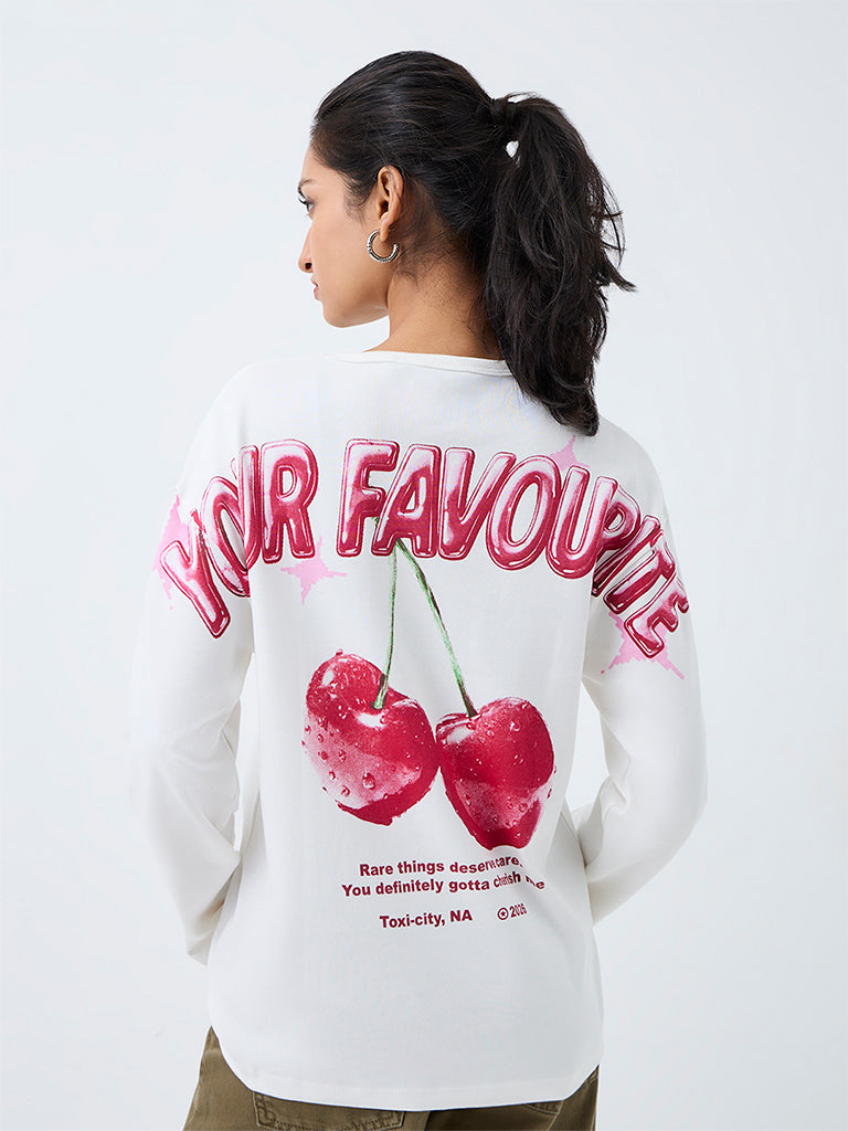 Nuon White Cherry Printed Cotton T-Shirt