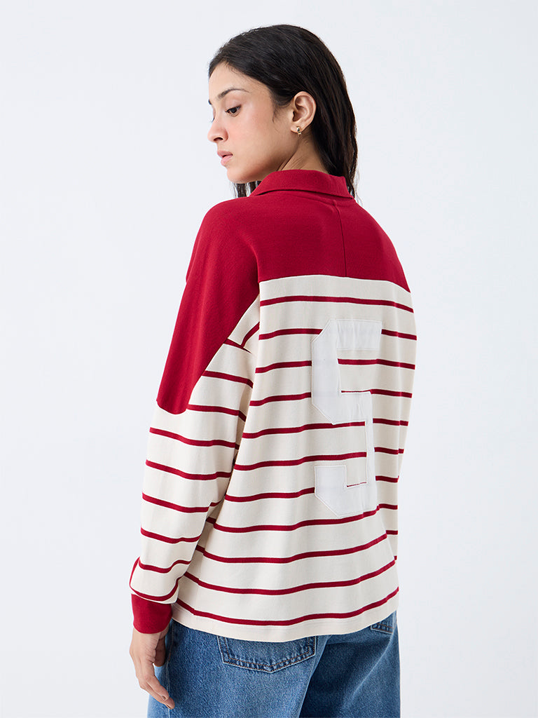 Nuon Cream Striped Criss-Cross Tie-Up Cotton T-Shirt