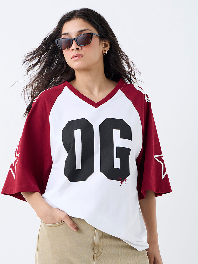 Nuon White Text Printed Colour-Blocked Cotton-Blend T-Shirt