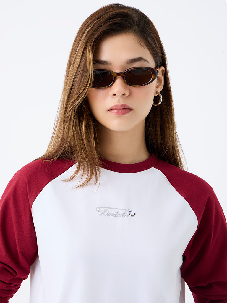 Nuon Burgundy Colour-Blocked Cotton-Blend T-Shirt