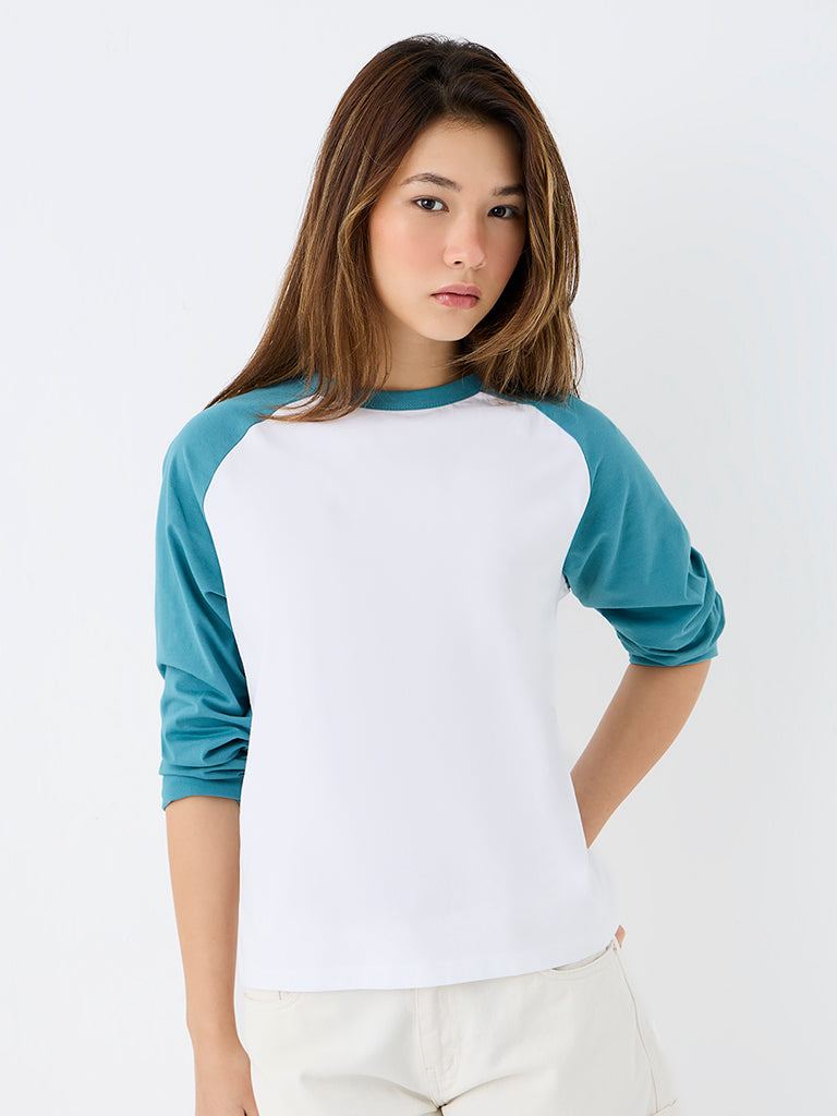 Nuon Blue Colour-Blocked Cotton-Blend T-Shirt