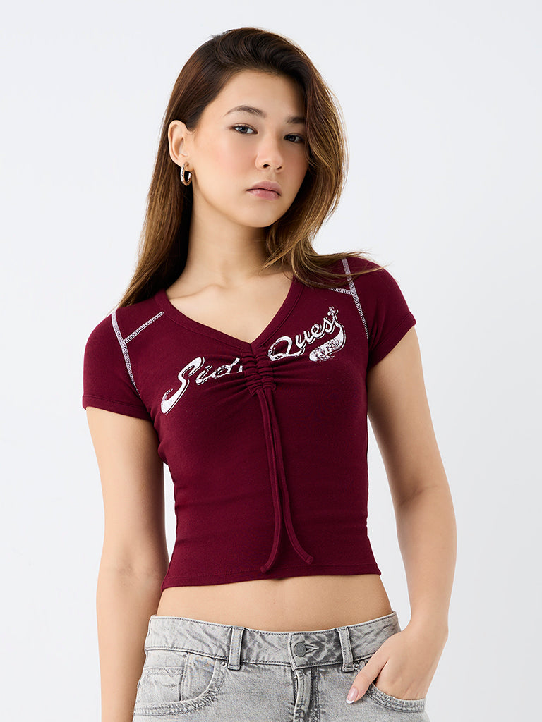 Nuon Burgundy Ruched Cotton-Blend T-Shirt