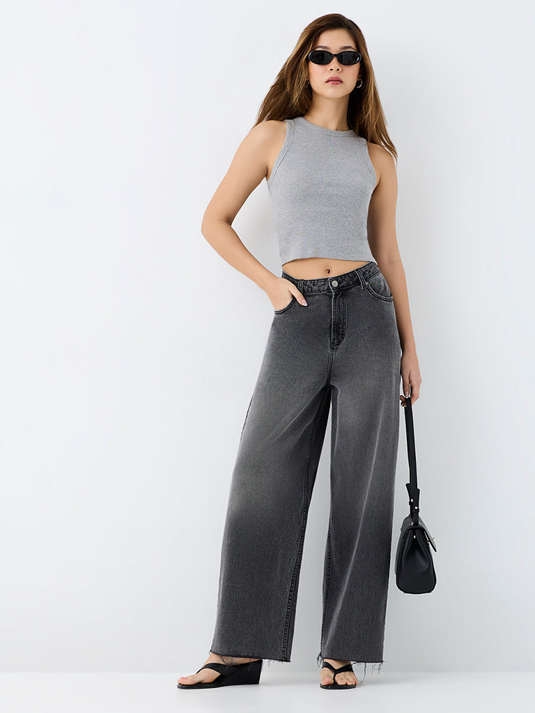 Nuon Grey Ribbed-Textured Cotton Top