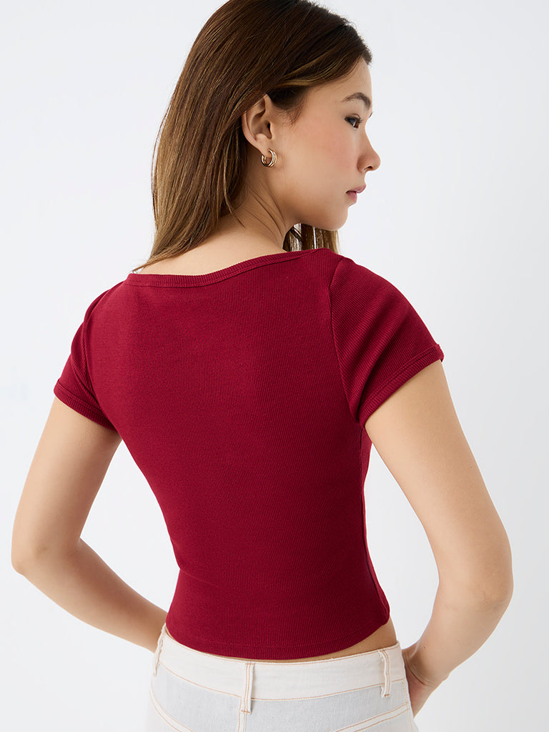 Nuon Burgundy Ribbed-Textured Cotton-Blend T-Shirt