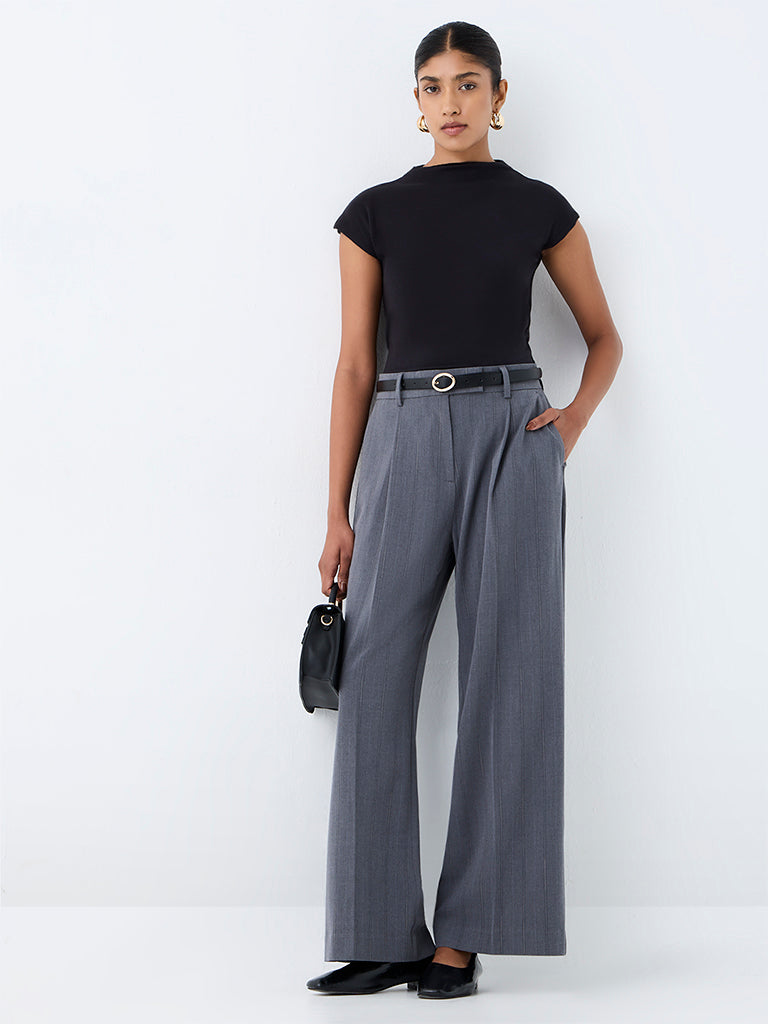 Wardrobe Grey Striped High-Rise Trousers