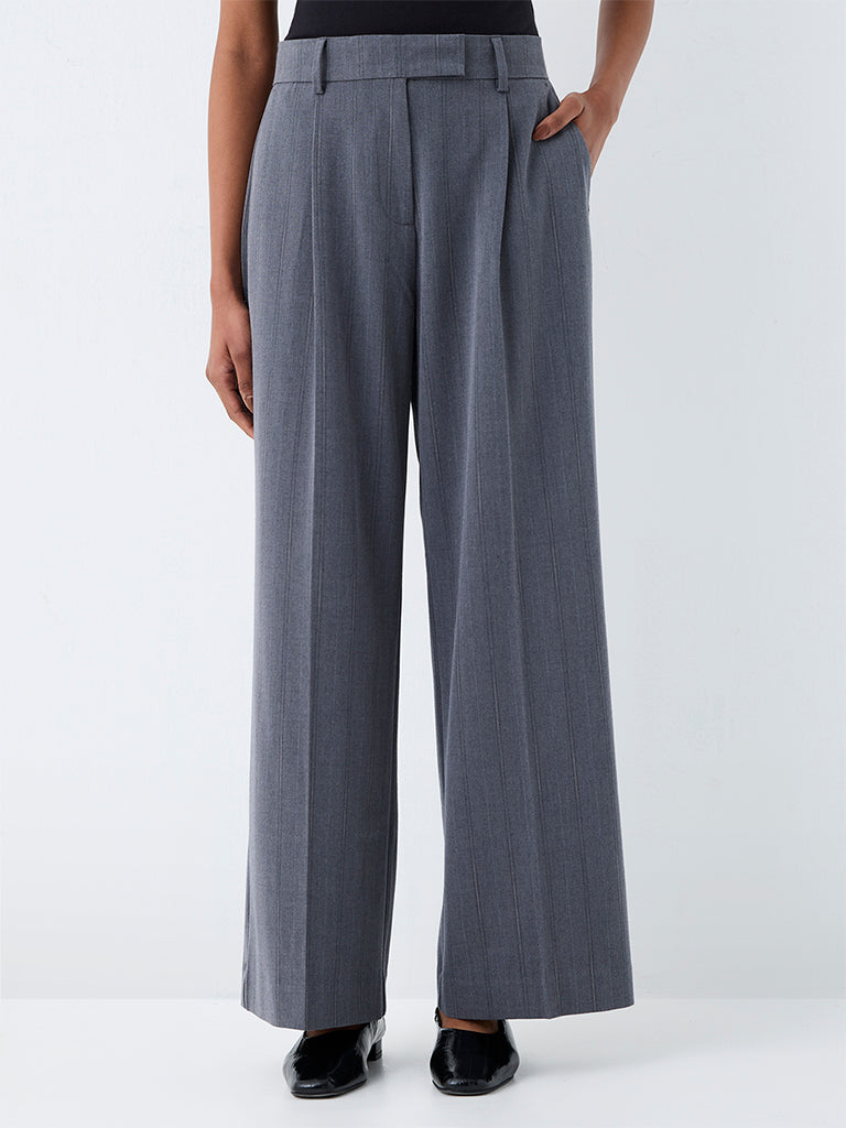 Wardrobe Grey Striped High-Rise Trousers