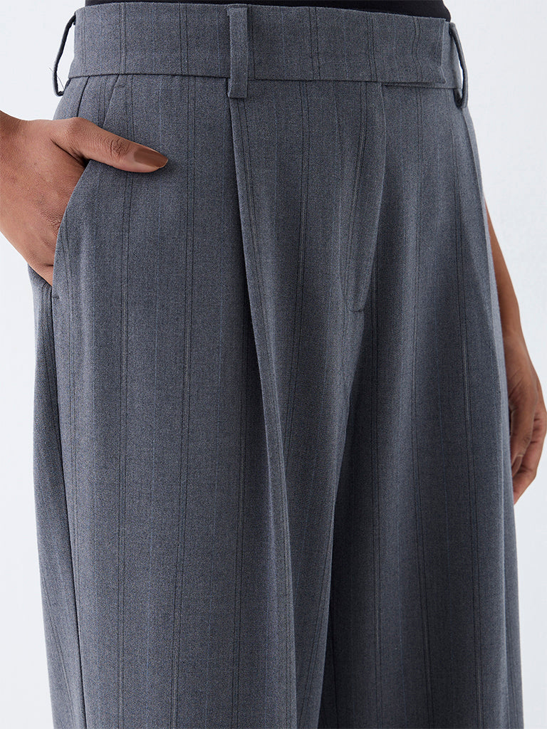 Wardrobe Grey Striped High-Rise Trousers