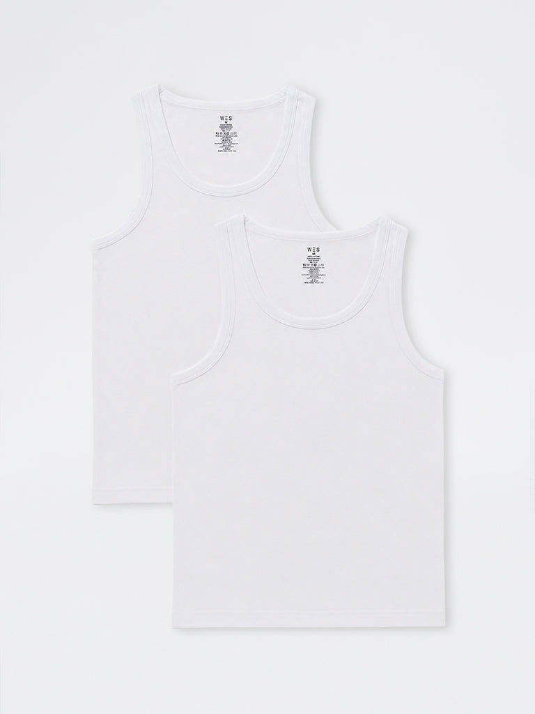 WES Lounge White Solid Relaxed-Fit Cotton Vests - Pack of 2
