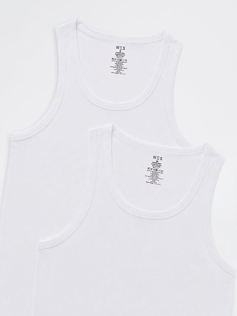 WES Lounge White Solid Relaxed-Fit Cotton Vests - Pack of 2