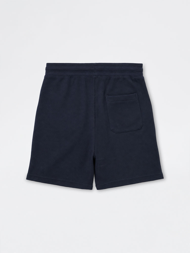 WES Lounge Navy Waffle-Textured Mid-Rise Cotton-Blend Shorts