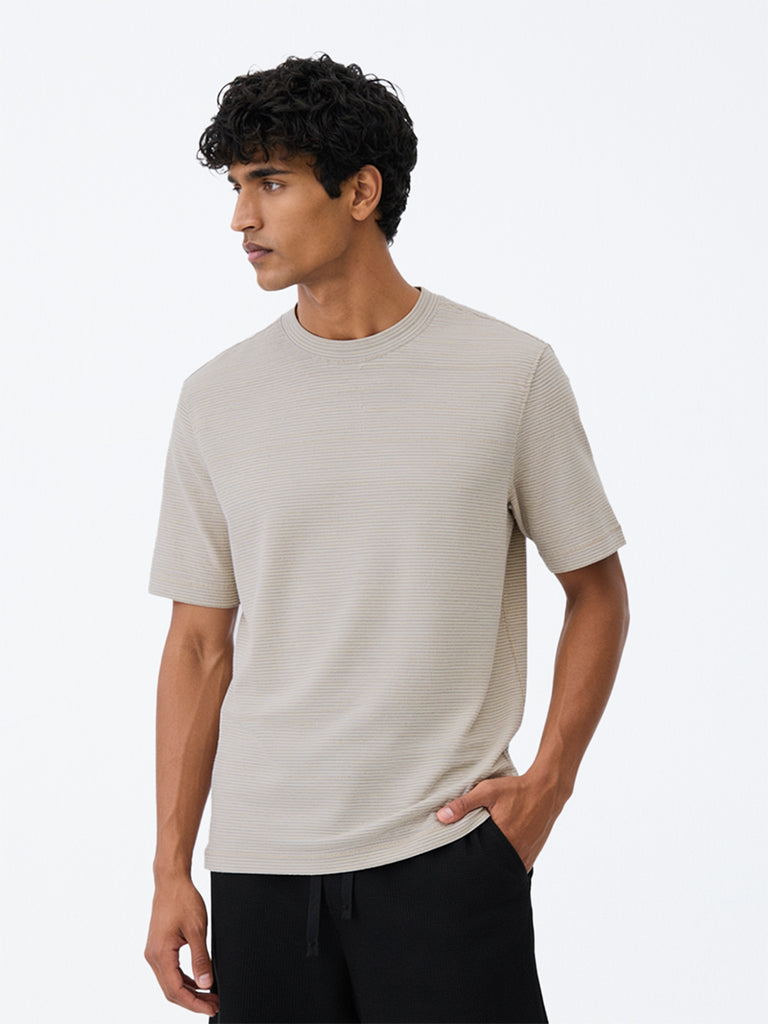WES Lounge Grey Self-Striped Relaxed-Fit T-Shirt