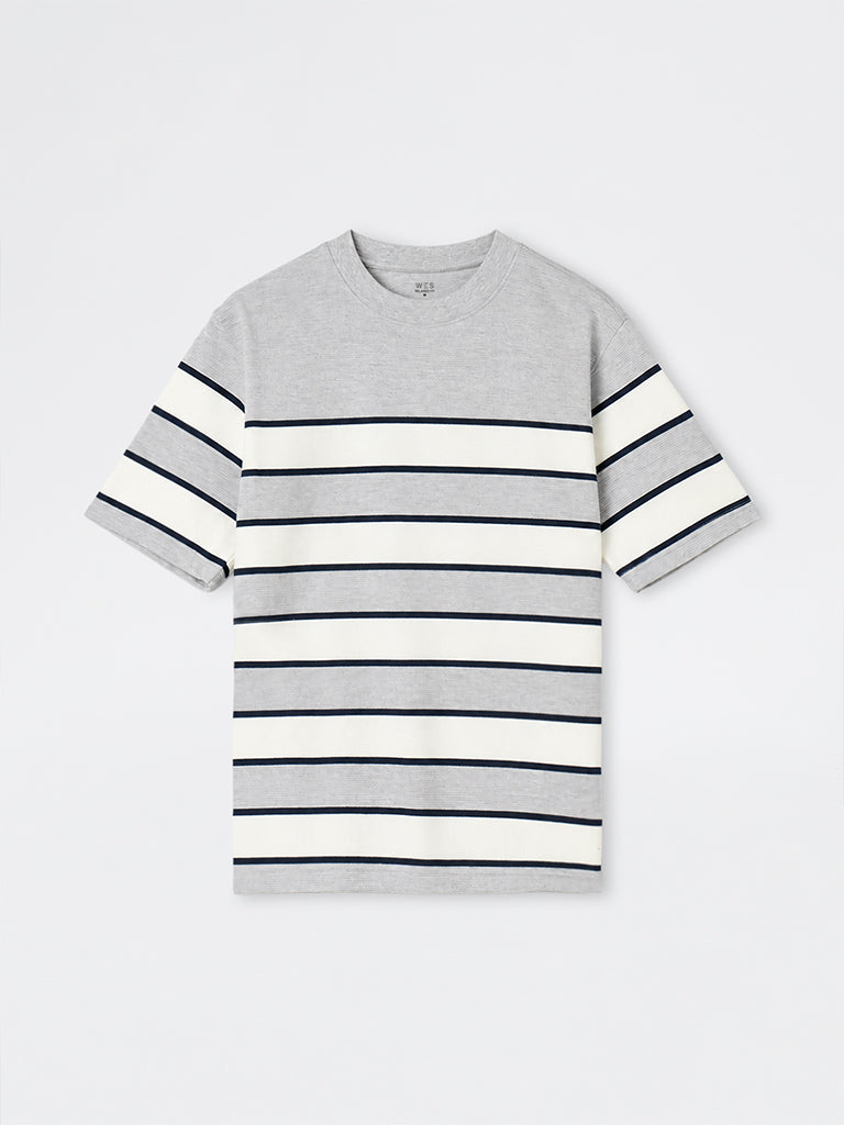 WES Lounge Grey Striped Relaxed-Fit Cotton-Blend T-Shirt
