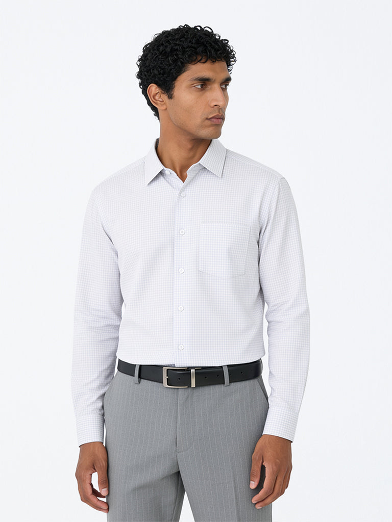 WES Formals Grey Checkered Relaxed-Fit Cotton Shirt