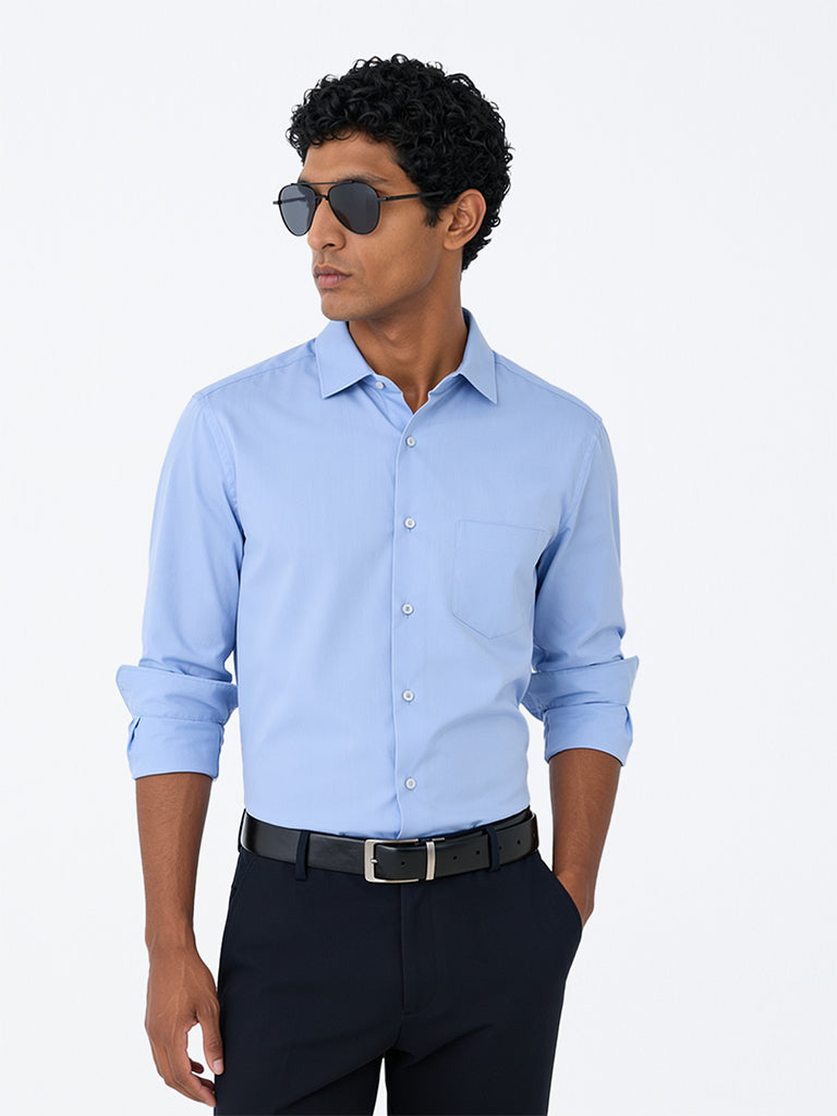 WES Formals Light Blue Solid Relaxed-Fit Cotton Shirt
