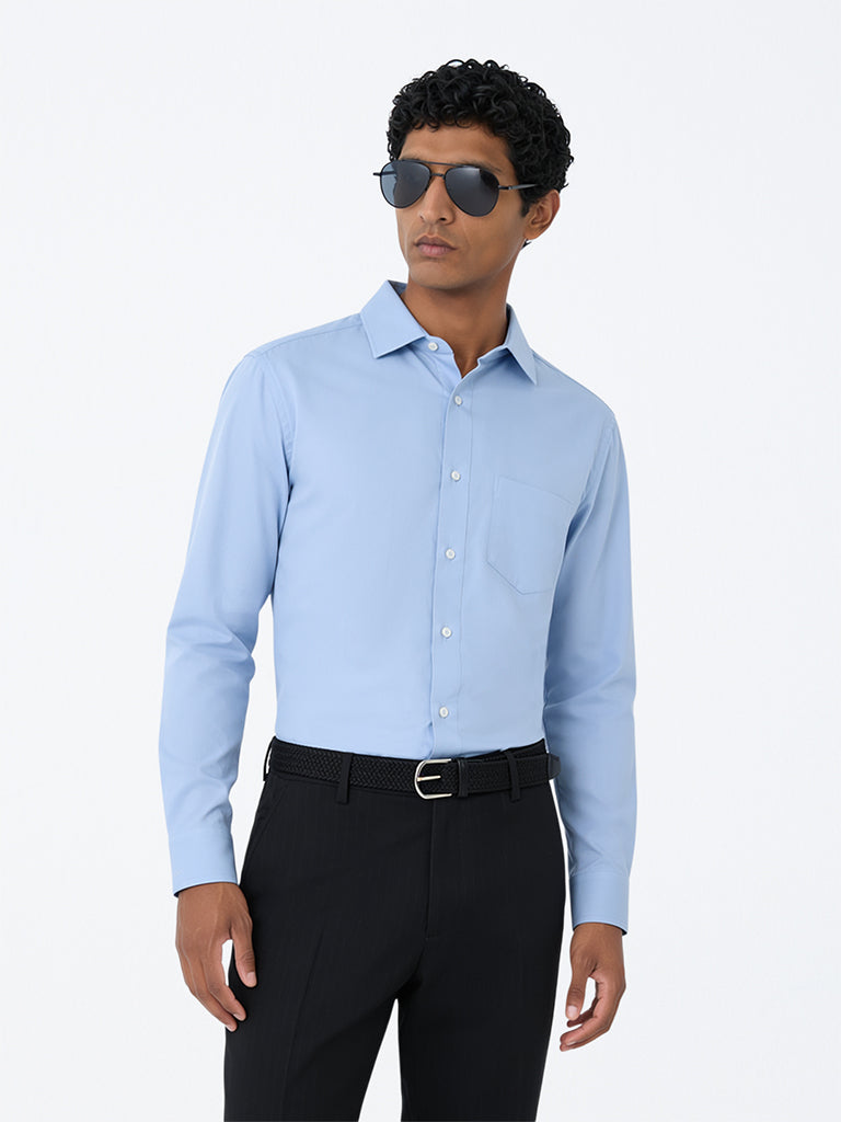 WES Formals Blue Solid Relaxed-Fit Cotton Shirt