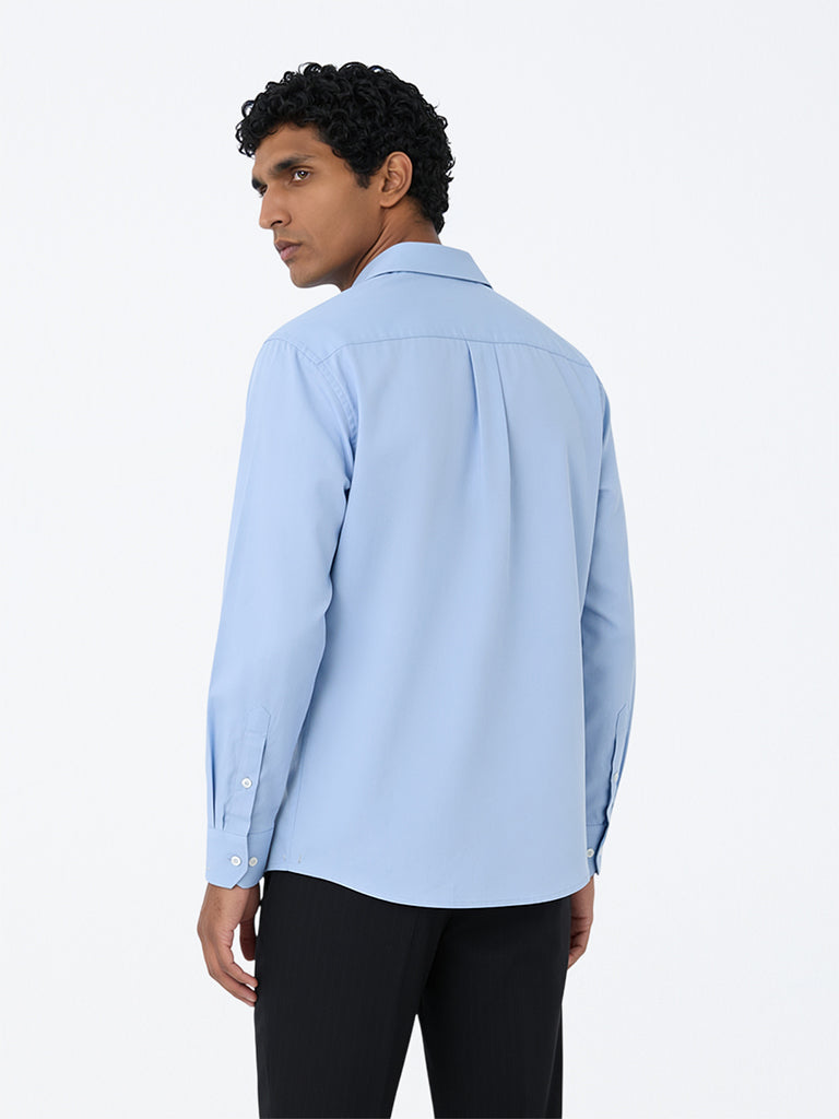 WES Formals Blue Solid Relaxed-Fit Cotton Shirt