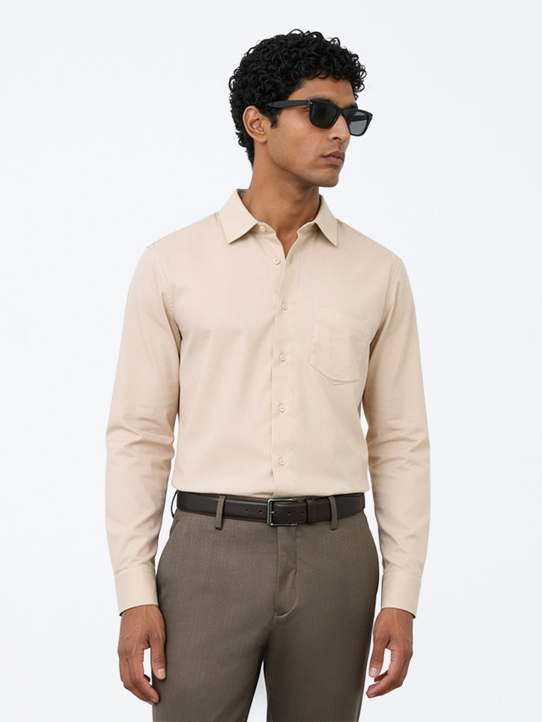 WES Formals Cream Solid Relaxed-Fit Cotton Shirt